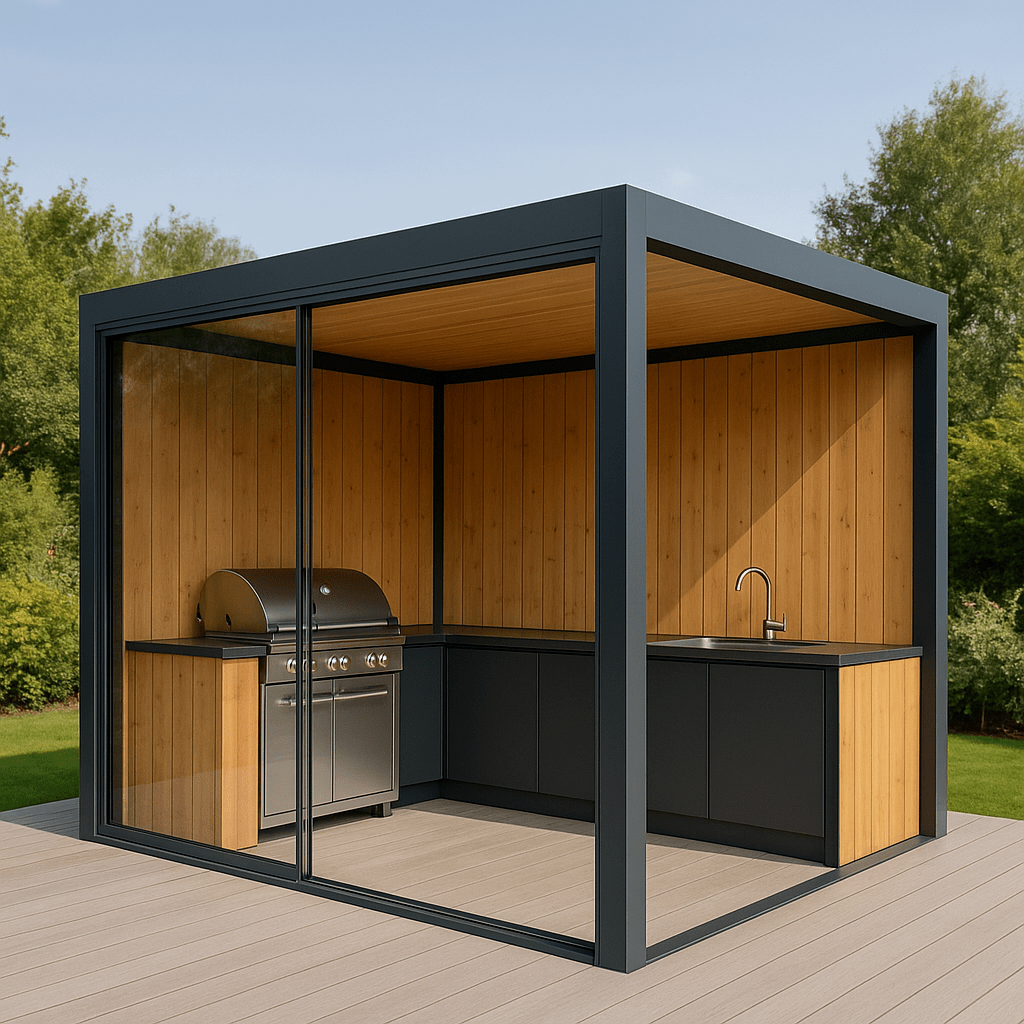 rideau de verre coulissant sans rail - Terrasse modulable et cuisine extérieure | Guigan Design